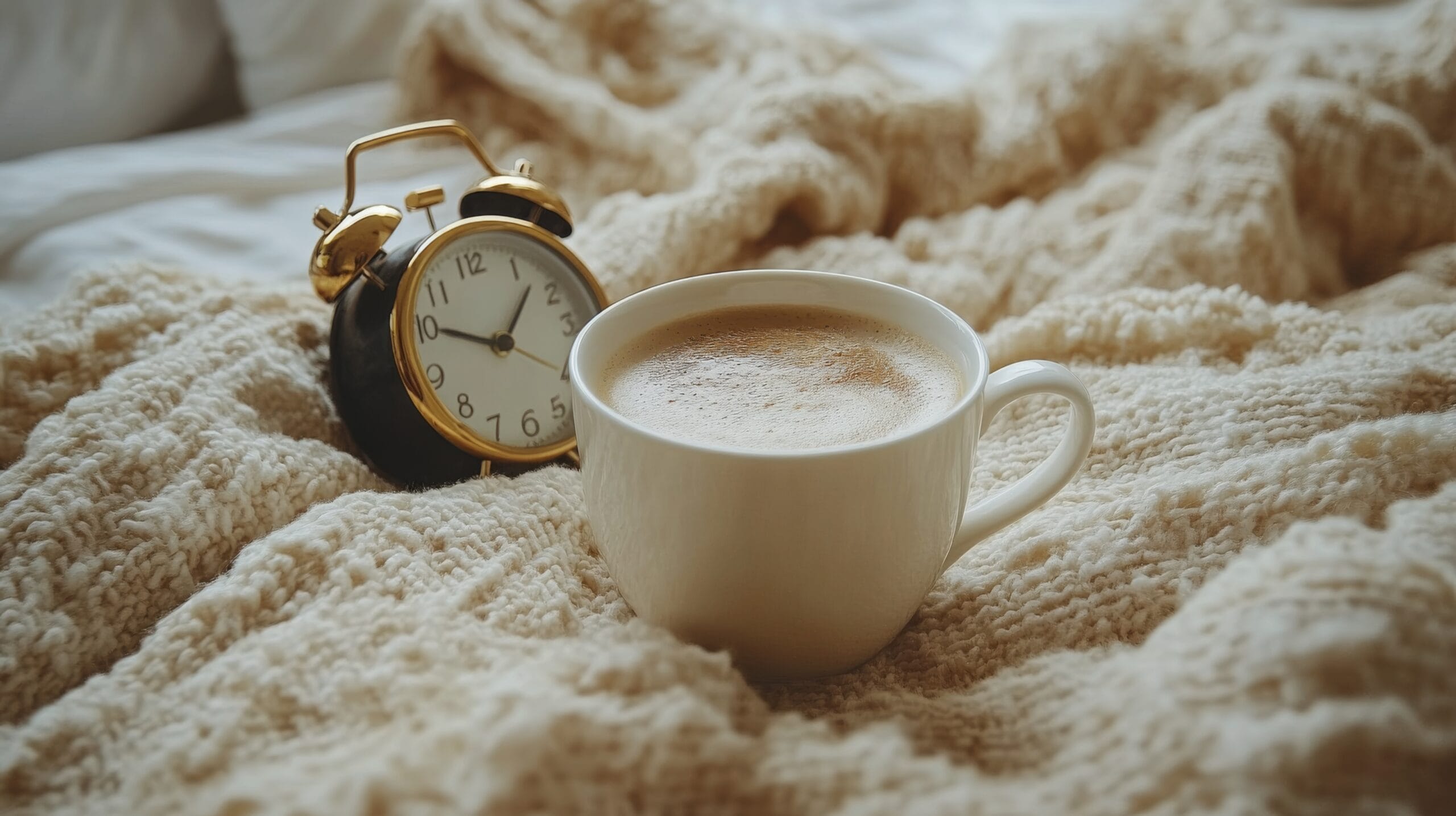 Cozy morning in bed with alarm clock and steaming coffee cup on soft white sheets